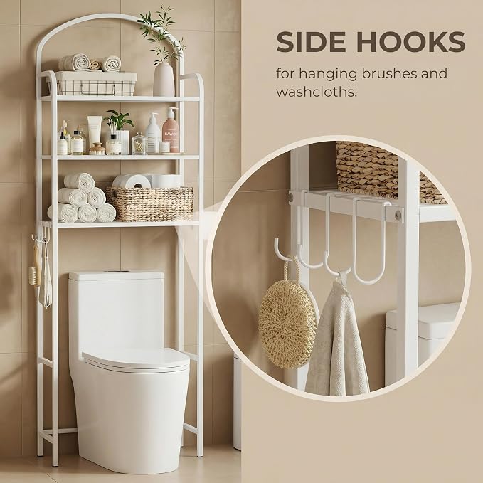 Over The Toilet Storage Rack - 3 Tier Bathroom Organizer with 4 Hooks & Paper Holder - Space Saving Metal Shelf for Bathroom - White Toilet Storage