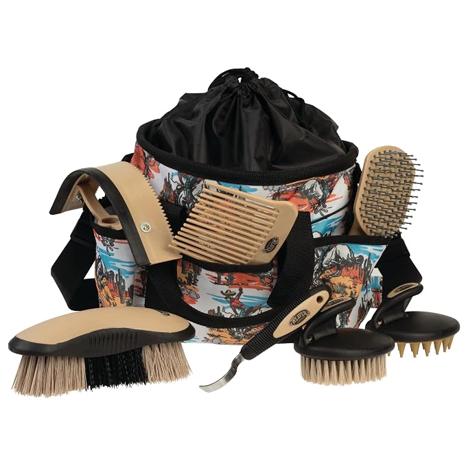 Weaver Equine Horse Grooming Kit, 7-Piece Horse Brush Set with Organizer Tote Bag, Hoof Pick, Comb, Sweat Scraper, Equine Tools for Daily Grooming, Bucking Bronc