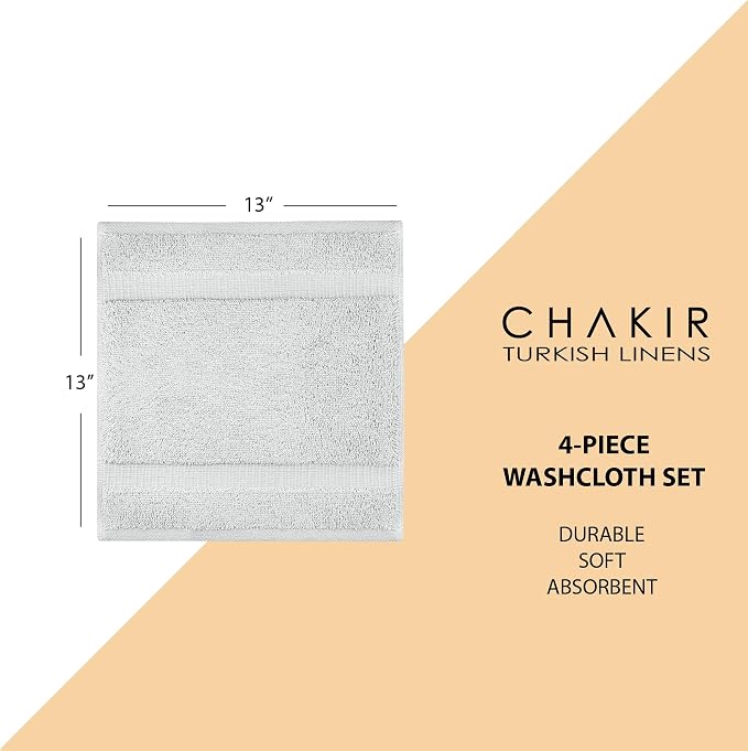 Chakir Turkish Linens 4 Piece Washcloth Set, 100% Cotton Luxury Turkish Washcloths for Bathroom, Soft Absorbent Washcloths, 13 x 13 Inches, Silver Gray