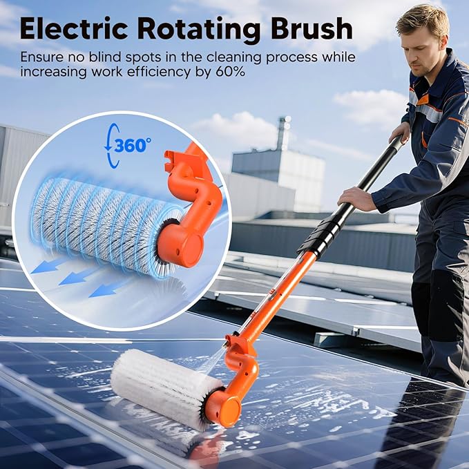 Electric Solar Panel Cleaning Brush and Pole, 20FT Telescopic Cleaning Roller Brush with Water Fed Pole，2 Hours Runtime, 2 Spin Speeds, for Solar Panlel, Outside High Window, Roof (Orange)
