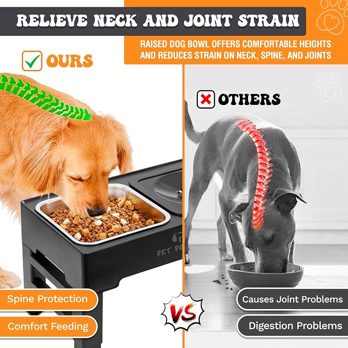 Elevated Dog Bowls, Raised Dog Bowl Stand with 4 Adjustable Heights, Stainless Steel Food Bowl & No-Spill Water Bowl – Dog Bowls Elevated for Small, Medium & Large Dogs