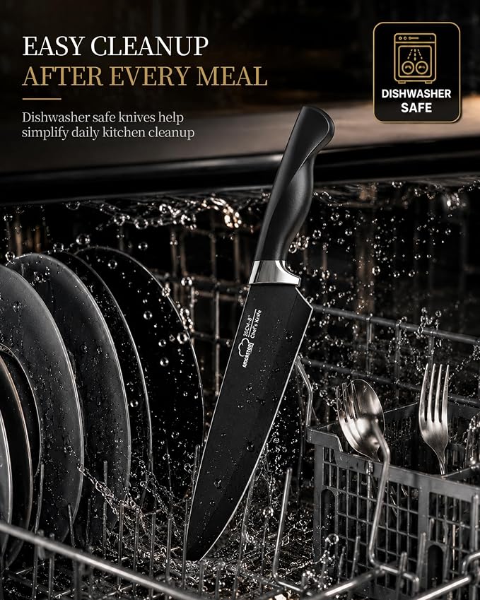 Knife Set 15 Piece Kitchen Knife Set with Block | Built in Sharpener, German Stainless Steel, Dishwasher Safe, Black Kitchen Knives Complete Set, For Home Cooking & Gifting