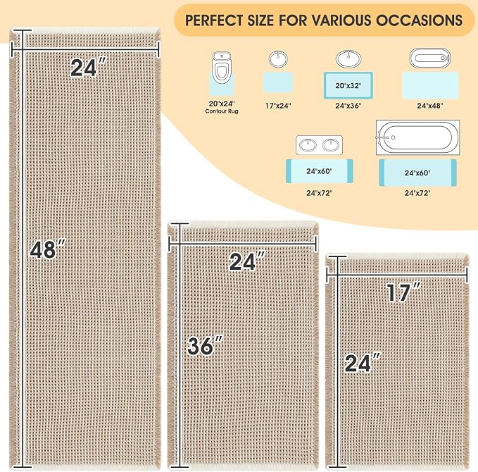 IM HOME Waffle Bath Mat Set 3 Piece Brown & Cream,Woven Modern Bath Rug Mats, Absorbent Non Slip Bath Floor Mat, Soft Washable Boho Bath Rugs with Tassels for Bathroom, Bedroom, Kitchen, Tub