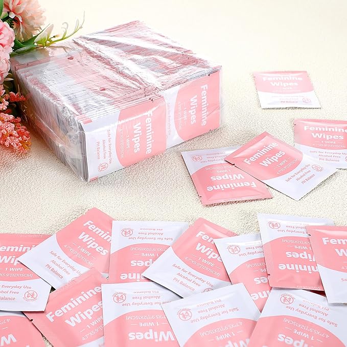 300 Pieces Bulk Feminine Wipes Individually Wrapped Travel Size Women Unscented Intimate Period Cleansing Wipes Deodorant Feminine Products Care Kits Private Parts Ph Balanced(Pink)