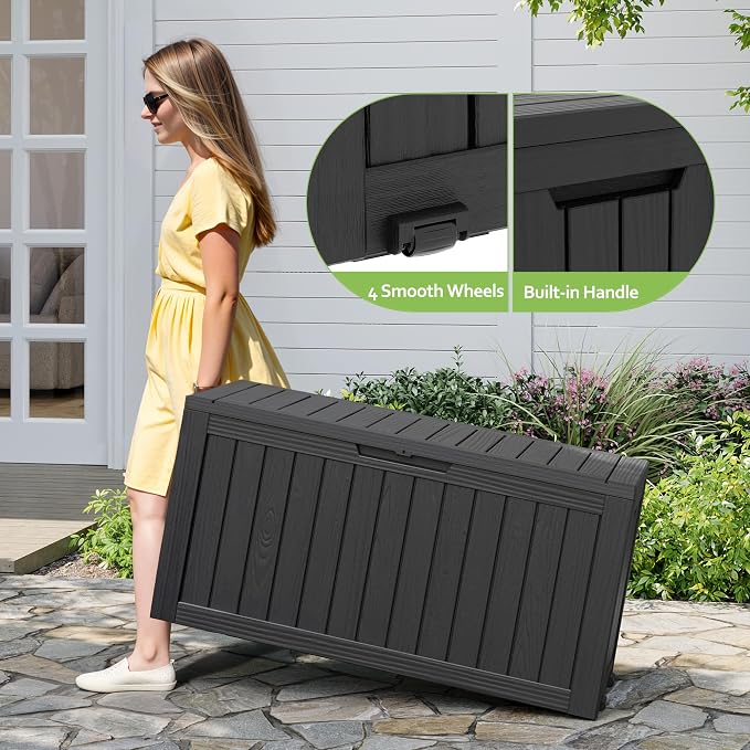 Deck Box, 82 Gallon Resin Indoor and Outdoor Storage Box Waterproof for Garden Tools, Pool Accessories Storage Bench, Patio Furniture and Cushions with Lockable Lid, Black