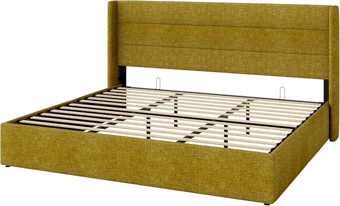 Allewie King Size Lift Up Hydraulic Storage Bed Frame Olive Yellow | Modern Wingback Headboard, Hydraulic Support Storage, No Box Spring Needed