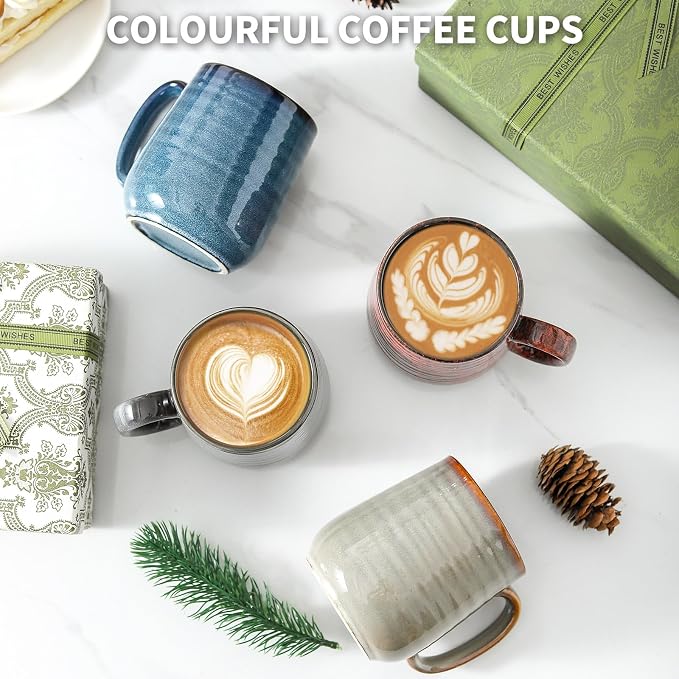 HASENSE Coffee Mugs Set of 4, 15 Oz Stoneware Coffee Cups with Large Handle, Colorful Rustic Mug Set for Coffee, Tea, Coco, Latte, Dishwasher and Microwave Safe