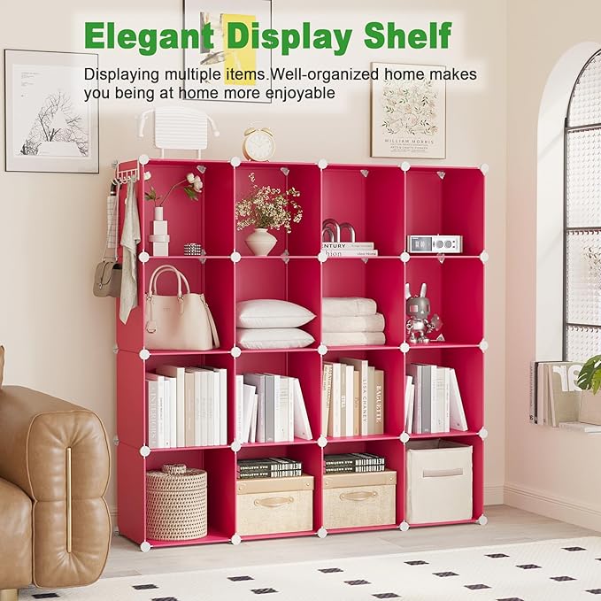C&AHOME 16 Cube Storage Organizer Cube Shelves Units Storage Cubes, Red | Plastic DIY Closet Organizer, Stackble Modular Closet Storage Shelves Ideal for Home, Bedroom, 48.4" L × 12.4" W × 48.4" H