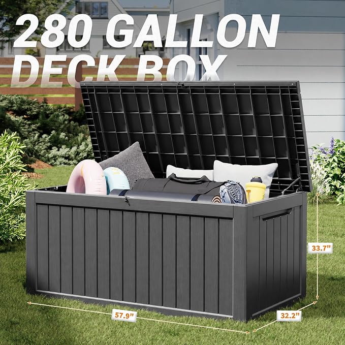 280 Gallon Outdoor Storage Box, Resin Deck Boxes Indoor and outdoor, Waterproof Storage Box Lockable Lid for Garden Tools, Package Delivery, Patio Cushions, Black