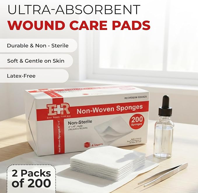 Ever Ready First Aid Non-Woven Sponges, 4" x 4", 4 Ply - 200 Count