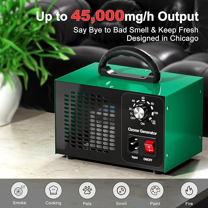 Ozone Generator 45,000mg/h, Home/Industrial O3 Car Deodorizer. Ozone Machine Air Ionizer Ozone Odor Eliminator for Strong Odor. Odor Eliminator for Home, Car, Pet. Room Deodorizer For 2500 sq ft.
