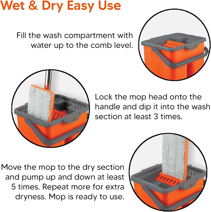 Macromax Flat Mop and Bucket Set with 9 Refills – 100% Microfiber Mop with Dual Wet & Dry Use – Slim Design for Corners & Under Furniture – Easy-Squeeze Bucket for Hardwood, Tile & Laminate Floors