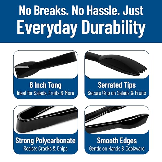Carlisle FoodService Products Carly Tongs, Plastic Serving Tongs, for Kitchens, Restaurants, and Catering, Acetal, 6.44 Inches, Black