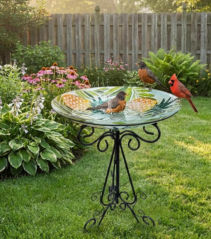 Large Glass Bird Bath with Metal Stand, Pineapple | 18" Wide Bowl, 3.2" Bathing Depth, Thick Glass Construction, Stable 3-Leg Base, Easy Clean Surface, Garden Decor