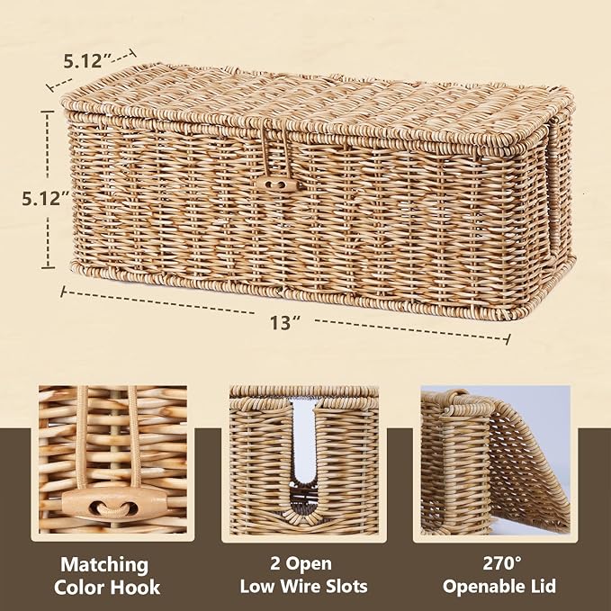 BROWNLILY Cable Management Box, Rattan Style Cord Organizer for Desk Cord Hider Outlet Covers for Power Strip TV PC Router Charger Under Desk Storage - Natural Small