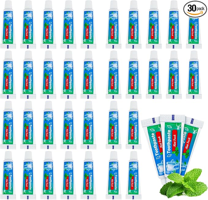 0.176 oz Bulk Travel Size Toothpaste, 30 Tubes | Mint Flavor Mini Disposable Toothpaste for Hotel,Guests,Homeless,School