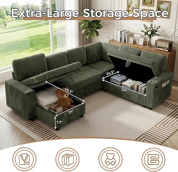 106 in L-Shaped Sectional Sleeper Sofa Couch for Living Room, Green | Pull Out Bed, 7 Seat Modular Design, Hidden Storage Space, USB Charging, Cup Holders, Soft Corduroy Fabric, Easy Assembly
