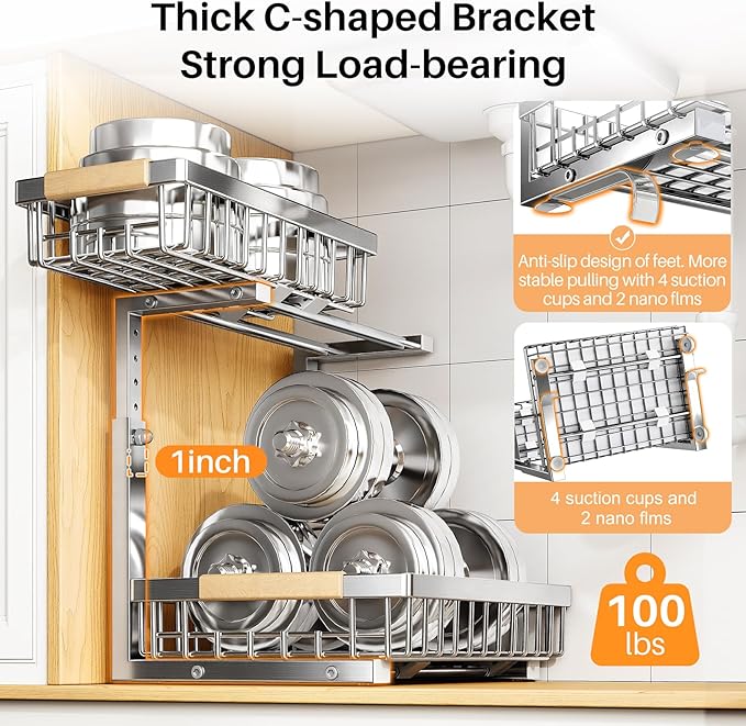 PXRACK Under Sink Organizer, Adjustable Height, 2 Tier Pull Out Cabinet Organizer, Slide Out Thickened Metal Storage for Kitchen Bathroom Laundry Pantry Cabinet, Stainless Steel, Silver, Large-1-Pack
