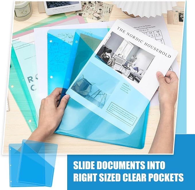 Seajan 48 Pcs Pocket Folders for 3 Ring Binder Clear Plastic Folders Sleeves with 2 Pockets 3 Hole Punch Binder Dividers Poly Slash File Jackets for Office School Document Organizer (Blue)