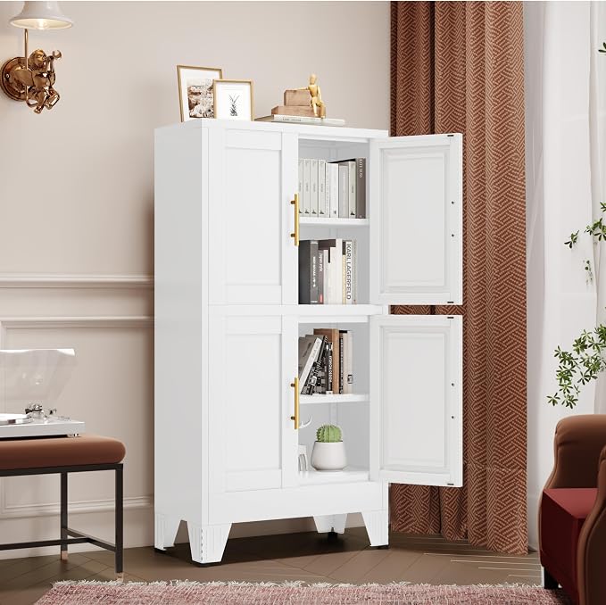 GAIOUS 47.25" Metal Pantry Cabinet, White Storage Cabinets with 4 Door | and 2 Adjustable Shelves, Steel Bathroom Cabinet,Freestanding Cupboard for Kitchen Dining Living Room Bathroom,Floor Cabinet