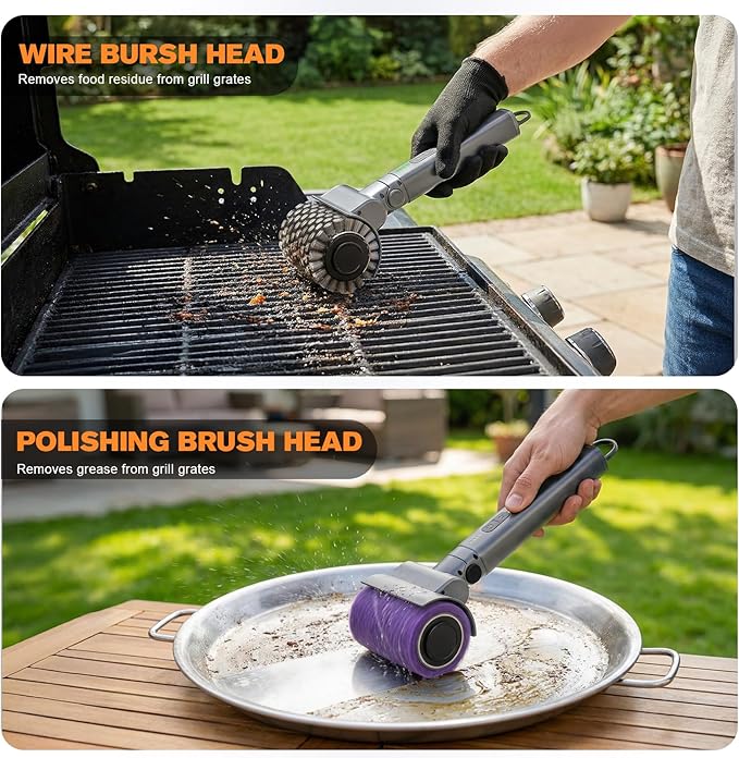 Electric Grill Brush, Cordless Rechargeable Electric Grill Cleaner with 2 Heads, 3 Speeds, Angle Adjustable, 150-Min Runtime BBQ Brush for Outdoor Barbecue Grates