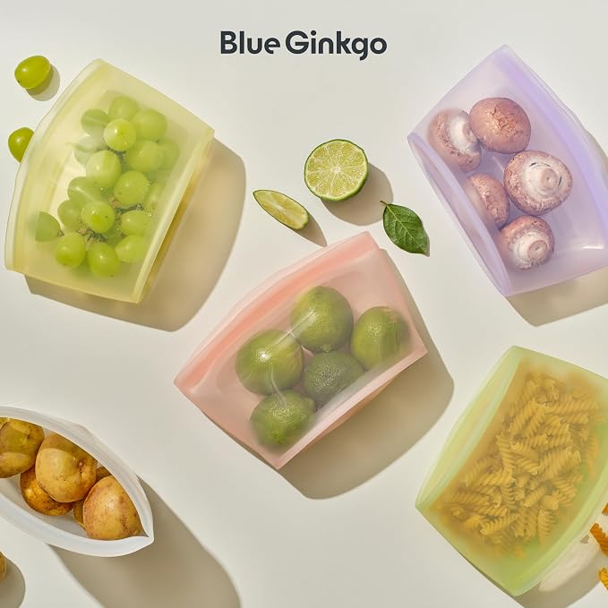 Blue Ginkgo Reusable Silicone Storage Bags – 4-Pack | Korean-Made Stand Up Food, Freezer Bags - Olive Green