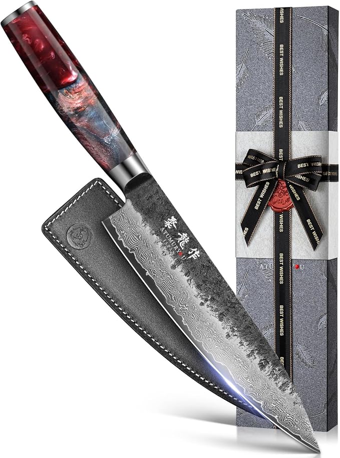 8'' Black-Forged Japanese Chef Knife, Damascus VG10 Steel | Hand Forged Finish, Damascus Stainless Steel Cladding, Red Resin Wood Handle, Leather Sheath Included, Premium Gift Box