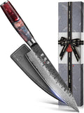 8'' Black-Forged Japanese Chef Knife, Damascus VG10 Steel | Hand Forged Finish, Damascus Stainless Steel Cladding, Red Resin Wood Handle, Leather Sheath Included, Premium Gift Box