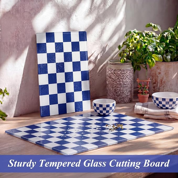 Thenshop Set of 2 Tempered Glass Cutting Boards Blue Check Countertop Cutting Boards Heat Resistant with Non-slip Feet for Kitchen Counter Housewarming Wedding Gift 7.9x11inch+11x15 Inch