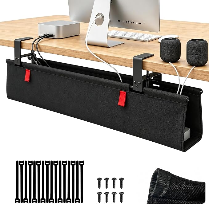 Under Desk Cable Management No Drill – 28" L x 6" W Cord Organizer, Upgraded Silicone Pads (No Scratch), 16 Cable Slots, Washable PE Honeycomb Base, Fits Desks 0–2.1" Thick, Black