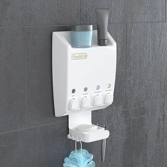 Better Living Ulti-Mate Shower Dispenser Caddy, 4 x 14.5 oz, White | Wall Mount 4 Chamber, Shower Dispenser for Bathroom, Shelf, Built-in Hooks & Soap Dish, No Drill