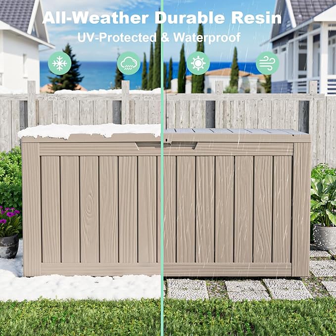 DRATO 85 Gallon Outdoor Storage Box Waterproof, Lockable Resin Deck Box for Patio Furniture, Pool Supplies & Garden Tools, Weatherproof Outside Storage Bin for Backyard Porch (Grey, 85 Gallon)