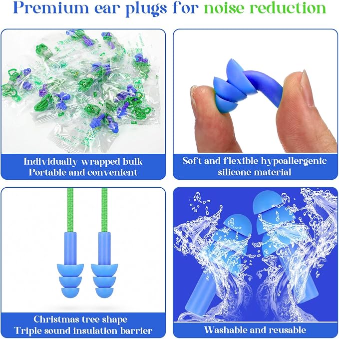 Relaxweex 500 Pairs Corded Ear Plugs Bulk 25dB NRR Reusable Silicone Ear Plug with String Individually Wrapped Earplugs for Sleeping Noise Reduction Hearing Protection Shooting Work (Green Blue)