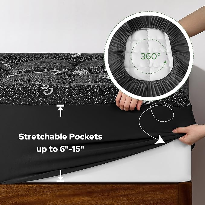 BEDLORE Twin XL Mattress Topper Viscose Derived from Bamboo, Thick Pillow Top Mattress Pad with Deep Pockets for 6-15 inches Mattress, Soft Mattress Topper College Dorm Size for Back Pain(Dark Gray)