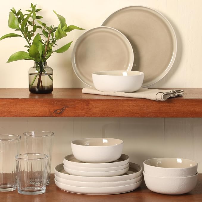 Gibson Elite Tahoe Sunset 12-Piece Reactive Stoneware Dinnerware Set – Matte Exterior & Shiny Interior Plates and Bowls, Durable Everyday Dish Set, Microwave & Dishwasher Safe - Taupe
