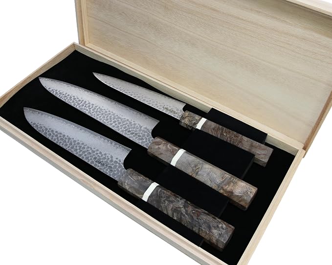 Cold Steel Japanese VG-10 Damascus 3-Piece Kitchen Knife Set – VG-10 Steel Chef Knives with Damascus Pattern for Precision Cutting & Kitchen Use