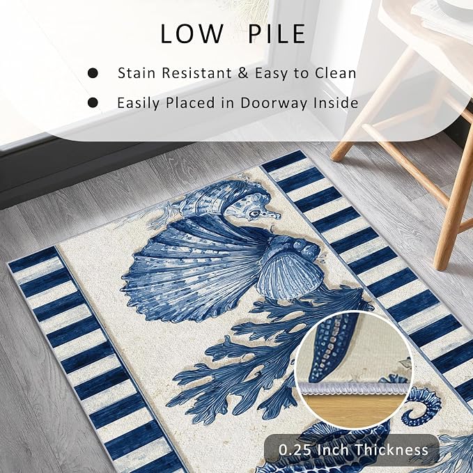 4x10 Marine Life Runner Rug for Hallway, Washable Seahorse Coral Reef Rug Runner Non Slip, Blue Seashell Home Decor Carpet for Kitchen, Bedroom, Entryway, Laundry Room, Ultra Thin Soft H234