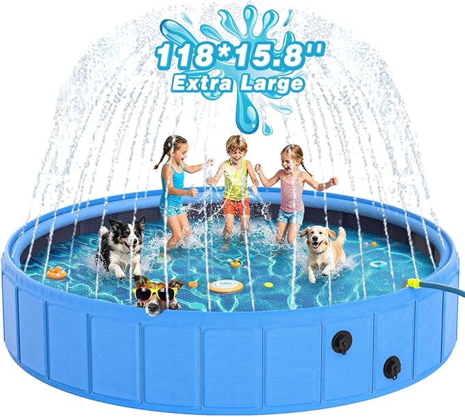 EPN Large Foldable Dog Pool – 0.55MM PVC 2-in-1 Portable Bathtub & Sprinkler for Dogs, Cats, Kids – Heavy Duty, Non-Slip, Summer Water Toy (118 in)