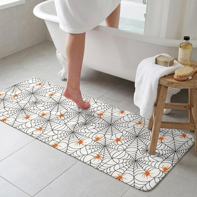 Halloween Bathroom Runner Rugs Non Slip Washable Absorbent Narrow Long Bath Mat Black Net Classic Spiders Gingham Orange Runner Rugs for Kitchen Hallway Bedroom Laundry Study Room 19.7"x63"