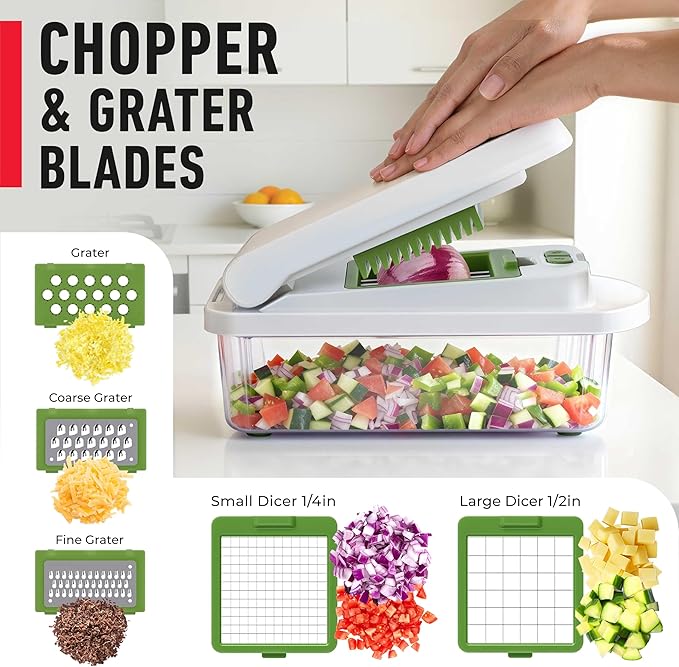MUELLER HOME Pro-Series 10-in-1, 8 Blade Vegetable Chopper, Onion Mincer, Cutter, Dicer, Egg Slicer with Container, French Fry Cutter Potato Slicer, Home Essentials, Salad Chopper White Sand/Green