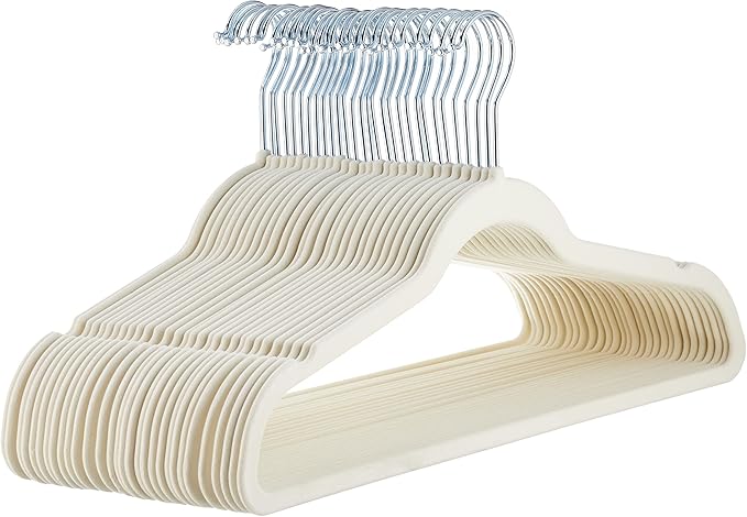 Amazon Basics Slim Velvet Non-Slip Space Saving Suit Clothes Hangers, Closet Organizer, Ivory/Beige, 30-Pack