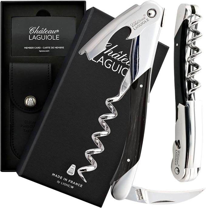 Chateau Laguiole Corkscrew - Luxury French Wine Opener Grand Cru Black Horn Handle with Leather Sheath & Gift Box