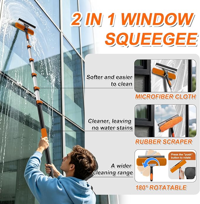 Buyplus 30FT Reach Solar Panel Cleaning Brush Kit with 5-24FT Telescoping Pole, Water Fed Window Cleaner Tool with 20" Brush, Soap Dispenser, Cobweb Duster, Squeegee for Roof, RV, Gutter, Deck,Orange