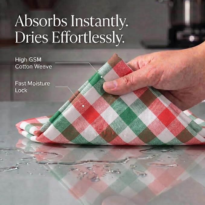 Urban Villa Christmas Kitchen Towels 100% Cotton Dish Towels for Kitchen (Set of 6) 20”x30” Dish Cloths Absorbent Kitchen Linen Set with Hanging Loop Perfect for Drying Dishes Cleaning – X MAS Checks