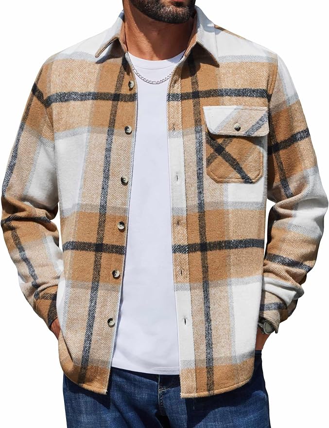 COOFANDY Mens Flannel Shirts Long Sleeve Plaid Button Down Shirt Jacket | Soft Brushed Cotton, 13 oz Flannels, Pen Slot, One Flap Pocket, Lightweight Fall Shirts for Work Outdoor Casual Wear