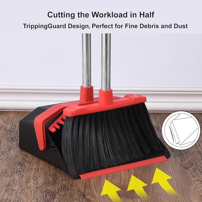 Tiumso Upgrade Broom and Dustpan Set, 51'' Sturdy Long Handle, Large Upright Stand Up Broom and Dustpan, ZeroGap Lip, Self-Cleaning Dustpan Teeth for Lobby Kitchen Office Floor - Black and Red