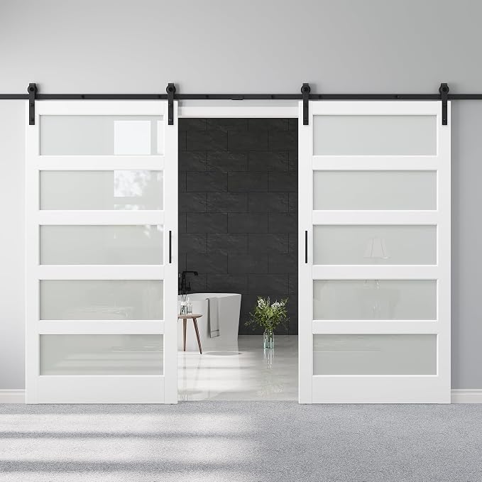 84" x 84" 5-Lites Frosted Glass Double Barn Doors and 14FT Track Hardware Kit, Easy Assembly for Mortise and Tenon Structure, Water & Scratch Resistant Sliding Barn Door, Easy to Clean, Pre-Drilled