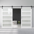 84" x 84" 5-Lites Frosted Glass Double Barn Doors and 14FT Track Hardware Kit, Easy Assembly for Mortise and Tenon Structure, Water & Scratch Resistant Sliding Barn Door, Easy to Clean, Pre-Drilled