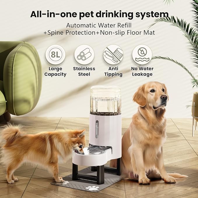 CZPET Elevated Dog Water Bowl Dispenser (8L+Stand+Mat, White) | With Stainless Steel Bowl Gravity Waterer, Large Capacity and Drinking Area Noise-Free for Pets
