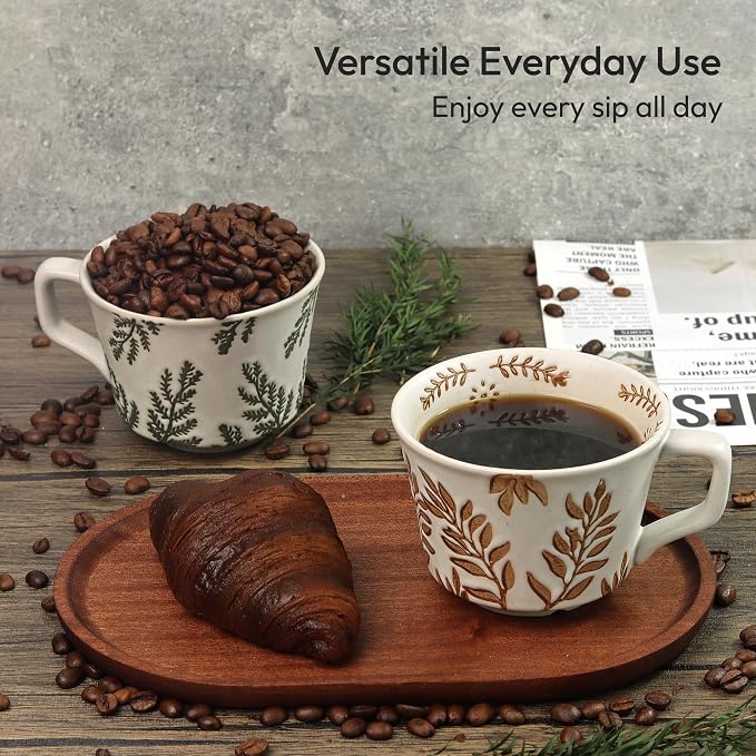 11 oz Ceramic Coffee Mug, Stoneware Teacup with Handle | Small Novelty Unique Cup for Tea Mocha Latte Cappuccino, Microwave Dishwasher Safe (Set of 2, Ivy and Leaf)